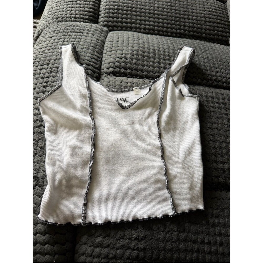 PacSun White Ribbed Tank with Black Overlock Trim